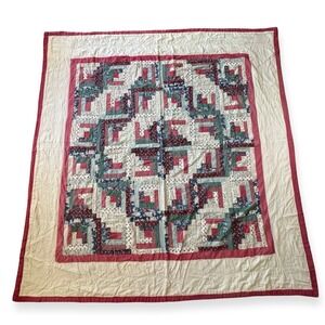 Vintage Handmade Log Cabin Patchwork Quilt Floral Multi Color Cotton 84x78